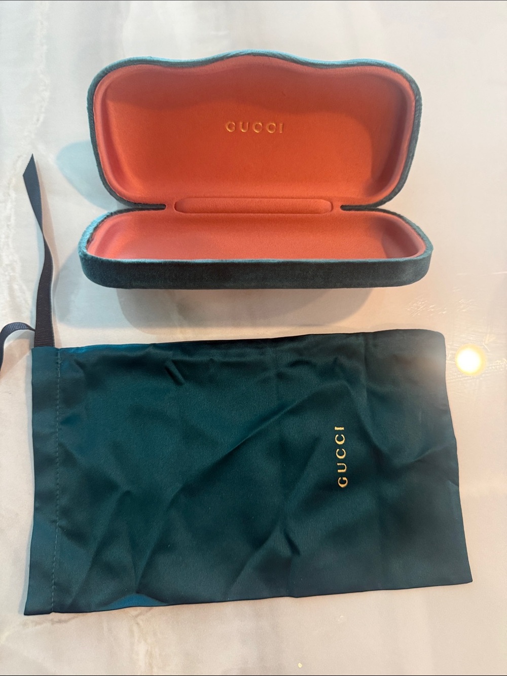 Gucci Green Velvet Sunglasses Case with Coral-Orange Interior and Green Pouch